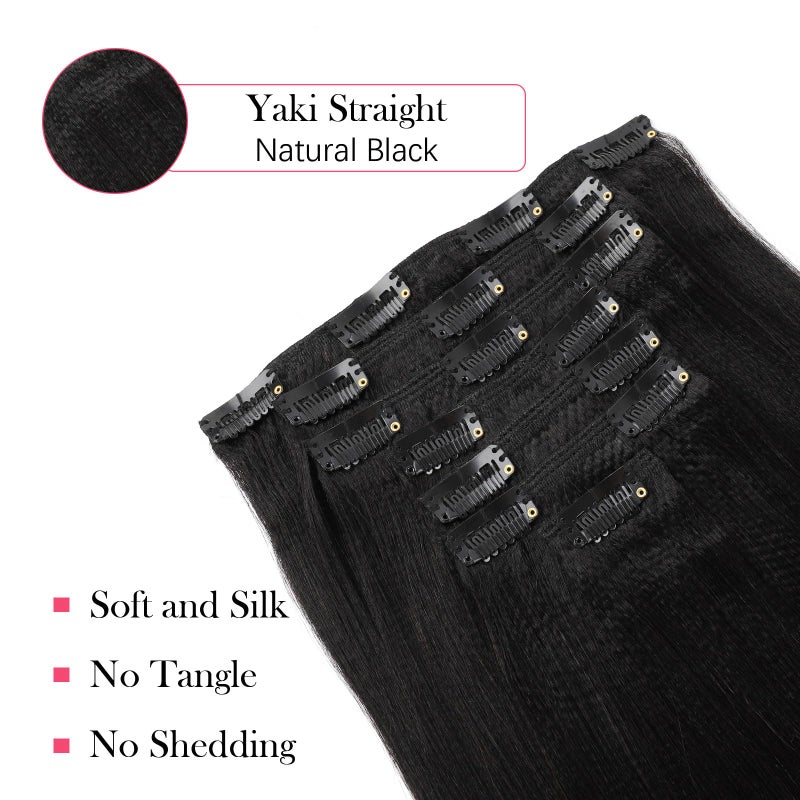 Sassina Clip in Human Hair Extensions Yaki Straight Style Natural Color Remy Unprocessed Soft Clip on Extensions Invisible Double Weft Human Hair Extensions 7 Pieces/Set 16 Inch 120 Grams - Image 3